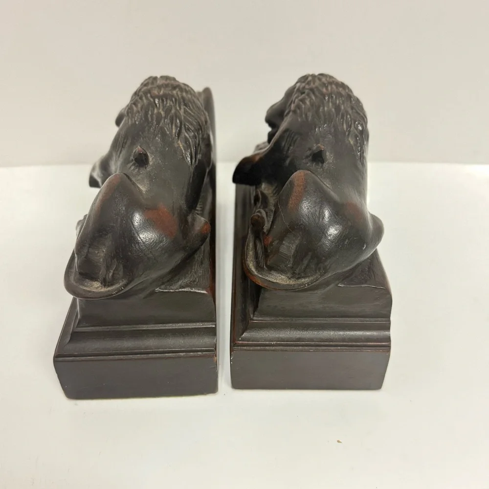 Vintage Mahogany Lion of Lucerne Set of Bookends 